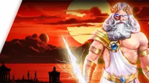 Image featuring Zeus holding a lightning bolt at sunset, promoting the Gods Gifts Tournament at 7K with a mythological theme.