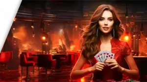 Image featuring a female character in a red dress, holding cards in a casino setting, promoting the welcome bonus at 7K.