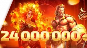 Image promoting the 24 million euro prize pool for the Drops & Wins Pragmatic Tournament at 7K, featuring Greek gods in an intense scene.