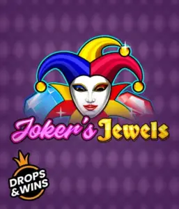 Enjoy the colorful ambiance of the Joker's Jewels game by Pragmatic Play, showcasing a captivating joker's mask embellished with a multicolored jester hat. This image captures the joyful spirit of traditional joker games, set against a deep purple background. Ideal for those who love classic slot games, promising a entertaining adventure. 